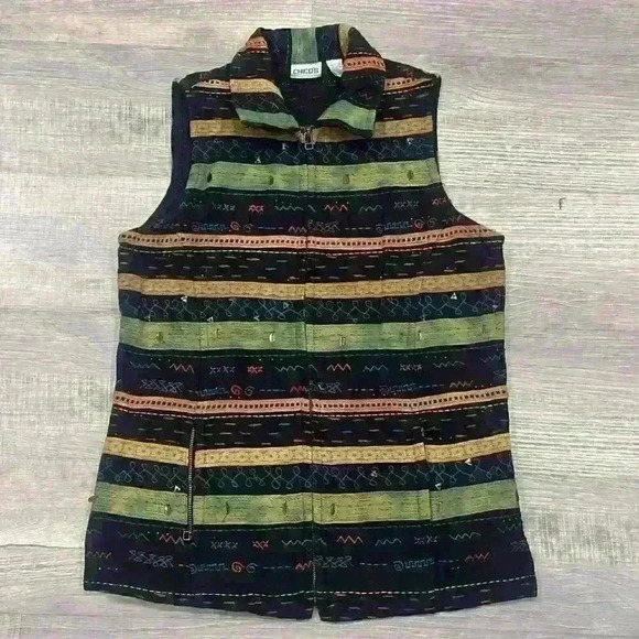 Chicos Womens Bohemian Vest Multicolored Sleeveless Embroidered Full Zip Sz 1 - Picture 1 of 14